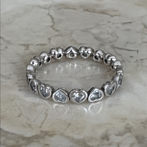 Pandora ALE 925 Sterling Silver Forever More Clear CZ Hearts Stacking Band Ring - Picture 6 of 7